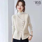 【初色】簡約純色氣質百搭針織斜釦鈕扣V領無袖馬甲外套外搭背心女背心-共2色-15372(M-2XL可選) M 米色
