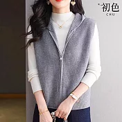 【初色】純色針織開衫拉鍊連帽短款無袖背心女背心外套女外套-共5色-15361(F可選) F 灰色