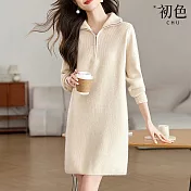 【初色】氣質風半開拉鍊高領長袖修身顯瘦針織裙中長連衣裙連身洋裝-共3色-15450(F可選) F 米白色