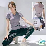 【BODYAIR嚴選】小V領背透紗柔膚BRA上衣(瑜珈.慢跑.運動.健身.透氣.舞蹈.運動服) S 紫