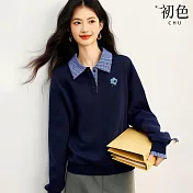 【初色】簡約純色POLO領寬鬆拼色刺繡長袖襯衫上衣女上衣-藏藍色-15491(M-2XL可選) M 藏藍色