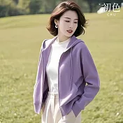 【初色】休閒風純色短款寬鬆拉鍊連帽長袖外套女外套-紫色-15350(M-XL可選) M 紫色