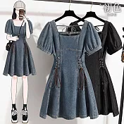 【初色】法式復古修身綁帶牛仔連身短裙中長連衣裙連身洋裝-共2色-15316(M-4XL可選) M 淺藍色