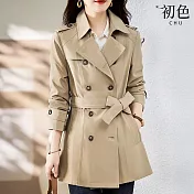 【初色】簡約百搭純色中長款風衣外套女外套-9款任選-15656(M-2XL可選) 2XL F.卡其色