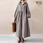 【初色】棉麻風復古寬鬆開襟燈籠長袖連帽連衣裙連身洋裝長洋裝-灰色-15419(F可選) F 灰色