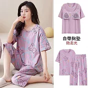 【AnZa】帶胸墊bra短袖上衣七分褲居家服(5色) FREE 紫色熊