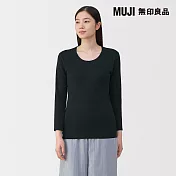 【MUJI 無印良品】女棉保暖厚織U領八分袖T恤 S 黑色