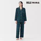 【MUJI 無印良品】女無側縫法蘭絨長袖家居睡衣 S 深綠格紋