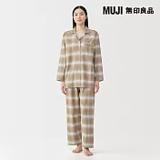 【MUJI 無印良品】女無側縫法蘭絨長袖家居睡衣 S 淡棕格紋