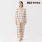 【MUJI 無印良品】女無側縫法蘭絨長袖家居睡衣 S 粉紅格紋
