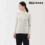 【MUJI 無印良品】女起毛針織半高領長袖T恤 L 柔白橫紋