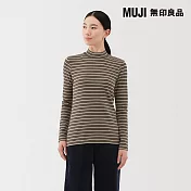 【MUJI 無印良品】女起毛針織半高領長袖T恤 S 墨灰橫紋