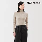 【MUJI 無印良品】女起毛針織高領長袖T恤 S 米色橫紋