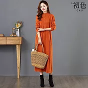 【初色】優雅風純色圓領長袖單排扣針織中長裙連衣裙連身洋裝-共3色-15557(F可選) F 桔色