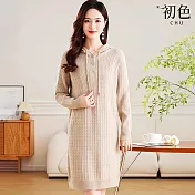 【初色】簡約純色抽繩長袖連帽毛衣裙中長裙連衣裙連身洋裝-共6色-15559(F可選) F 杏色