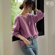 【初色】純色修身顯瘦褶皺圓領抽繩七分長袖襯衫T恤上衣女上衣-紫色-36660(M-2XL可選) M 紫色