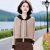 【初色】休閒撞色排釦連帽領抽繩長袖帽T上衣女上衣-杏色-15645(F可選) F 杏色