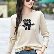 【MsMore】 長袖t恤韓版時尚百搭蕾絲杯印花上衣# 125715 M 杏色