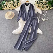 【MsMore】 假兩件拼接圓領長袖針織+高腰顯瘦直筒寬長褲2件式套裝# 125755 FREE 灰色