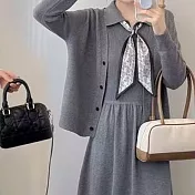 【MsMore】 法式絲巾POIO領針織2件式背心洋裝外套組# 126201 FREE 灰色