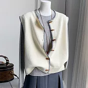 【MsMore】 撞色牛角扣寬鬆針織衫百搭背心毛衣上衣# 126211 FREE 米白色