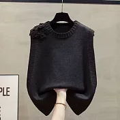 【MsMore】 圓領針織背心繡花毛衣百搭上衣# 126212 FREE 黑色