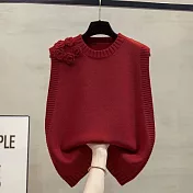 【MsMore】 圓領針織背心繡花毛衣百搭上衣# 126212 FREE 紅色