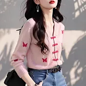 【MsMore】 甜美風撞色蝴蝶印花長袖針織上衣# 126227 FREE 玫紅色