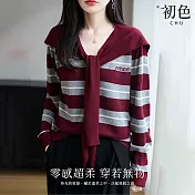 【初色】復古拚色條紋寬鬆V領長袖披肩針織衫上衣女上衣-共2色-15631(F可選) F 酒紅色
