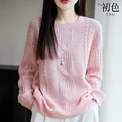 【初色】簡約純色壓紋長袖圓領針織衫上衣女上衣-共6色-15602(F可選) F 粉色