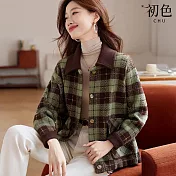 【初色】復古格紋雙面毛呢翻領排釦長袖短款大衣外套女外套-共2色-15612(M-2XL可選) M 綠色