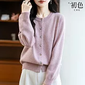 【初色】純色簡約彩鑽釦圓領長袖寬鬆針織毛衣開衫針織衫上衣女上衣-共5色-15618(F可選) F 粉色