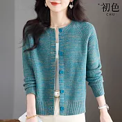 【初色】休閒風純色圓領長袖單排扣針織開衫親膚外套女外套-共4色-15646(F可選) F 藍綠色
