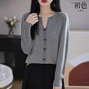 【初色】甜美風蝴蝶結裝飾單排扣小V領長袖薄款針織衫上衣女上衣-共3色-15649(F可選) F 灰色