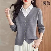 【初色】韓版純色翻領假兩件刺繡針織長袖上衣女上衣-共3色-15651(F可選) F 灰色