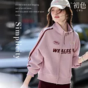 【初色】運動風拼接撞色字母印花拉鍊抽繩半開立領長袖T恤上衣女上衣-粉色-15789(M-XL可選) M 粉色