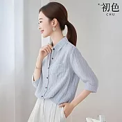 【初色】文青風條紋輕薄寬鬆翻領五分短袖襯衫上衣女上衣-藍色-15798(M-2XL可選) M 藍色