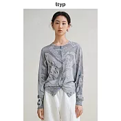 ltyp旅途原品 美麗諾羊毛抗起球原創藝術印花針織衫薄款外套開衫女 M L  M 岩灰色