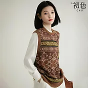 【初色】復古風圖騰拼接提花寬鬆圓領無袖針織背心女背心-駝咖色-15727(F可選) F 駝咖色
