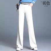 【初色】簡約條紋肌理感純色鬆緊高腰休閒褲寬褲闊腿褲長褲-共3色-15765(M-2XL可選) M 杏色