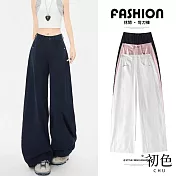 【初色】休閒風純色寬鬆單扣收腰垂感顯瘦休閒褲寬褲長褲-共3色-15767(M/L可選) M 藏青色