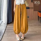 【初色】慵懶風純色高腰抽繩薄款花苞褲休閒褲寬褲長褲-共4色-15769(M/L可選) M 黃色