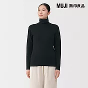 【MUJI 無印良品】女棉混羊毛保暖高領長袖T恤 S 黑色