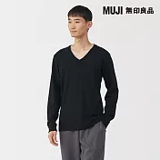 【MUJI 無印良品】男棉混羊毛保暖V領長袖T恤 M 黑色