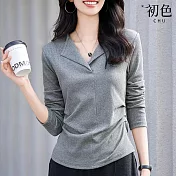 【初色】通勤簡約純色POLO領抽皺修身長袖打底衫T恤上衣女上衣-共4色-37618(M-2XL可選) M 淺灰色