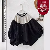 【慢。生活】日系棉麻拼接甜美減齡圓領娃娃衫 1601  FREE 黑色