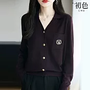 【初色】學院風純色條紋翻領長袖排釦修身針織衫上衣女上衣-共4色-15917(M-3XL可選) 2XL 紫色