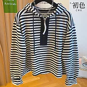 【初色】韓系寬鬆休閒撞色條紋半門襟拉鍊抽繩連帽長袖T恤上衣女上衣-共2色-15971(M-2XL可選) L 黑色