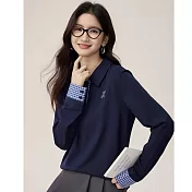 【MsMore】 美式復古polo領撞色格紋長袖上衣# 125699 M 藍色