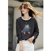 【MsMore】 都市撞色圓領T恤卡通印花寬鬆長袖上衣# 126255 M 灰色